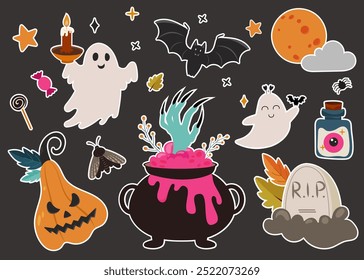 Set of Halloween elements in cartoon style pumpkin, spook, cauldron, grave, bat. Autumn collection for greetings cards, invitations