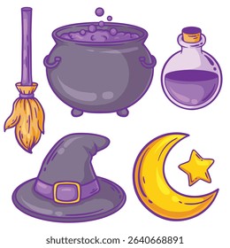Set of Halloween elements: cauldron, witch hat, broom, cauldron, potion. Vector illustration.
