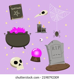 Set of Halloween elements. A collection of items for a magical rite. Flat vector illustration.