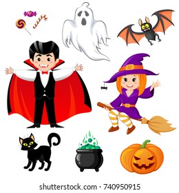 Set of Halloween elements. Count Dracula, witch, ghost, pumpkin, cat