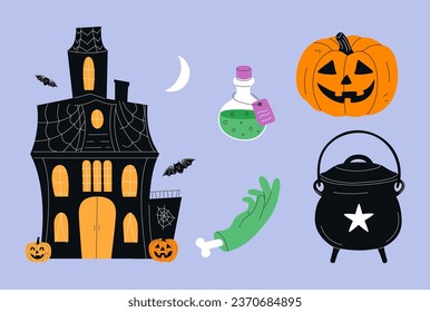 Set of Halloween elements: creepy castle, funny pumpkin, potion, cauldron, zombie hand. Ideal for scrapbooking, greeting card, party invitation, poster, tag, sticker set. Hand drawn illustration.