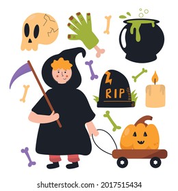 Set of Halloween elements. Cute and fun flat illustration. Nursery design.