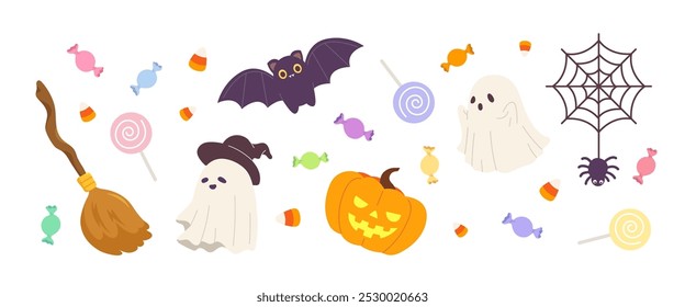 Set of Halloween elements for decoration. Concept of Halloween character, ghosts, bat, Jack O Lantern pumpkin, witch's broom, spider and candies. Cartoon character for Halloween Day celebration. 