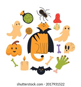 Set of Halloween elements for decoration, greeting cards, events, flyers and posters. Flat illustration.