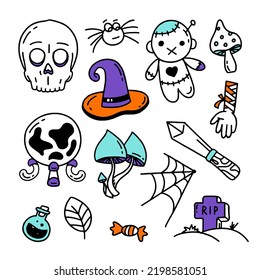 Set of Halloween elements Doodle style vector design illustration Isolated on white background