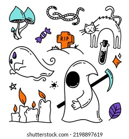 Set of Halloween elements Doodle style vector design illustration Isolated on white background