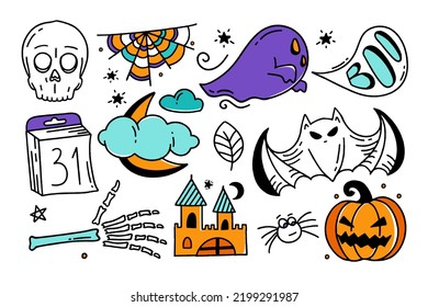 Set of Halloween elements Doodle style vector design illustration Isolated on white background