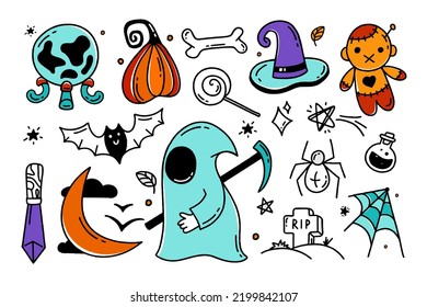 Set of Halloween elements Doodle style vector design illustration Isolated on white background