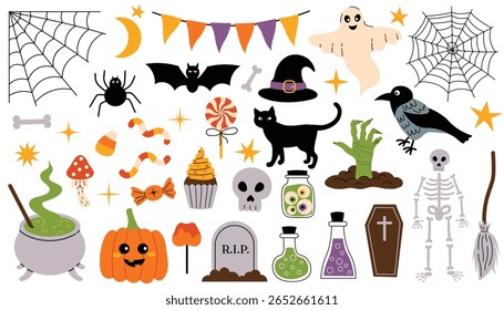 Set of Halloween elements in flat cartoon style with skeleton, candy, spider web, zombie hand, cauldron, and black cat. Fun spooky clipart perfect for decor, stickers, cards, and party designs.
