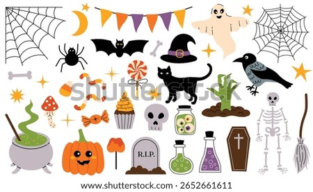 Set of Halloween elements in flat cartoon style with skeleton, candy, spider web, zombie hand, cauldron, and black cat. Fun spooky clipart perfect for decor, stickers, cards, and party designs.