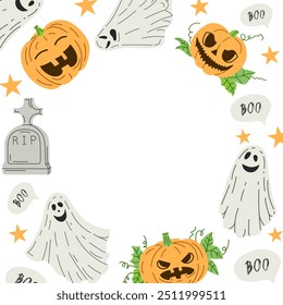 Set of halloween elements in flat style. Design of ghosts, creepy and spooky elements for halloween decorations, sketch, icon. Hand drawn vector template