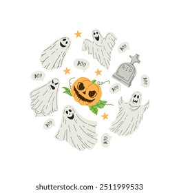 Set of halloween elements in flat style. Design of ghosts, creepy and spooky elements for halloween decorations, sketch, icon. Hand drawn vector template