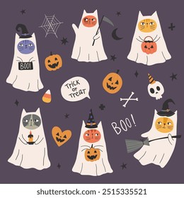 Set of halloween elements - ghost cats, skull, candle, cobweb, bones, pumpkins, hat. Vector illustration of Halloween party. Cute funny ghosts. Spooky halloween kittens. Flat cartoon illustration.