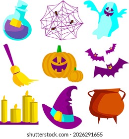 Ein Set von Halloween-Elementen: ein Geist, lustige Kürbis, ein Hut, eine Flasche mit einem Tränke, ein Spinnennetz, ein Besen, Kerzen, ein Kessel.