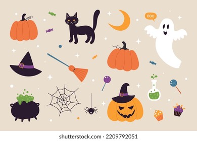 A set of Halloween elements: ghost, hat, a broom, a black cat, funny pumpkins, a cauldron with a potion, candy. Suitable for greeting card, poster, tag, sticker set. Cartoon vector illustration.