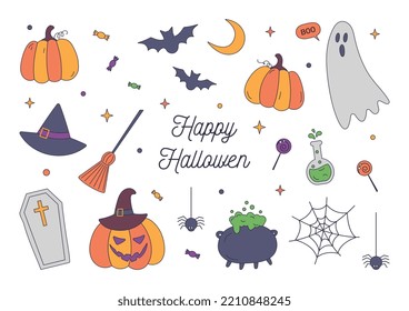 A set of Halloween elements: a ghost, a hat, a broom, a bat, funny pumpkins, a cauldron with a potion, candy. Suitable for greeting card, posters, tags, sticker set. Cartoon vector illustration.