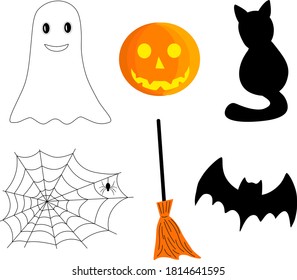 Set of halloween elements ghost, pumpkin, cat, web, broom and bat