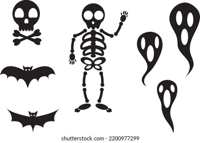 Set of Halloween Elements, Ghosts, Bats, Skull and Skeleton