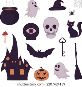 set of halloween elements. gloomy castle, skull, black cat, bat, spooky and other