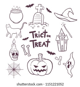 Set of Halloween elements hand drawn doodles vector illustration