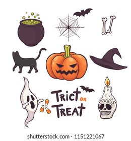 Set of Halloween elements hand drawn doodles vector illustration