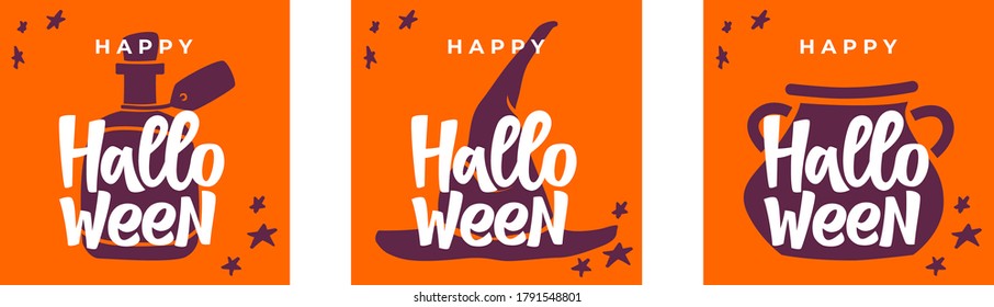 Conjunto de elementos de Halloween con letras de vector dibujadas a mano. Elementos de diseño únicos para halloween para medios sociales, camisetas, textiles, bolsos, impresos, pegatinas, afiches, portada, volante. Una fuente única. 