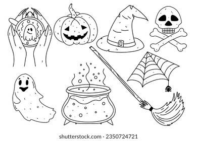 Set of Halloween elements. Hand drawn doodle style. Vector illustration isolated on white. Coloring page.