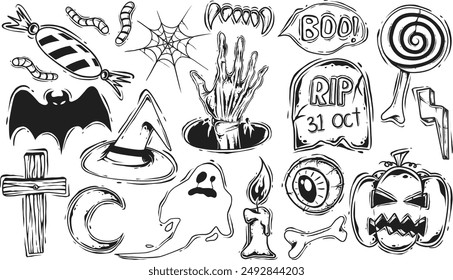 set of halloween elements hand-drawn illustration vector isolated