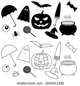 Set of Halloween elements isolated on white background. Happy Halloween decorations. Icons of umbrella, ghost, bat, pumpkin, sweet, open and closed umbrella, witch hat, sweet, spider, eye, cauldron