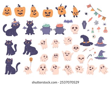 Definir elementos de halloween. Halloween conjunto de items.Halloween poster.Witchcraft, um gato preto, um chapéu de bruxa, uma poção e um caldeirão. Truque ou tratamento.