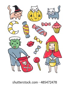 Set of halloween elements. Kids and cats in costumes  isolated on the white background. Vector illustration.