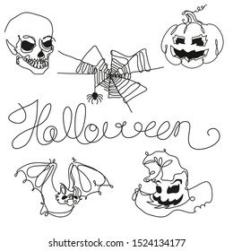 Set of Halloween elements in line art style, including bat, pumpkin, skull, spider web, witch hat. For decorating the design of the holiday Halloween, souvenir products and design printing.
