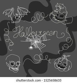 Set of Halloween elements in line art style, including bat, pumpkin, skull, spider web, witch hat. For decorating the design of the holiday Halloween, souvenir products and design printing.