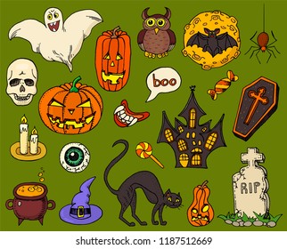 Set of Halloween elements. Magic pumpkin, house, black cat, potion and cauldron, skull. doodle for zombie party. Hand drawn engraved vintage sketch.
