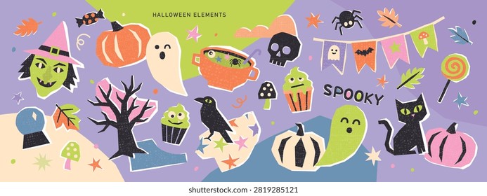 Set of Halloween elements in modern collage paper cut style with grainy texture. Featuring witch, pumpkin, ghost, cat and raven for spooky celebration and seasonal decor, vector illustration.