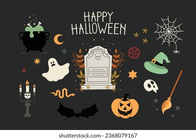 Set of Halloween elements on dark background. Tombstone, skull, witch's hat, witch's broom, candles, cauldron, spider web, bat and Happy Halloween hand lettering text.