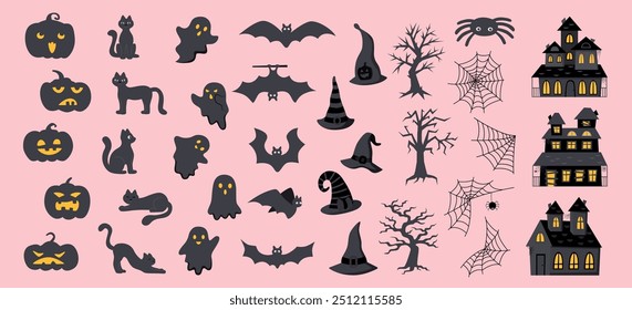 Set of Halloween elements on pink background. Halloween concept. Halloween objects.