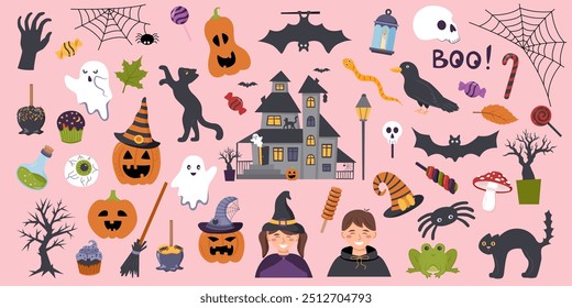 Set of Halloween elements on pink background. Halloween concept. Halloween objects.