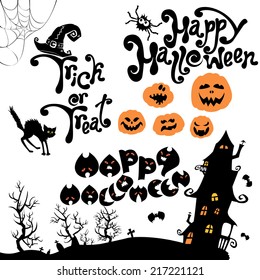 Set of Halloween elements - pumpkin, cat, mystery house and other terrifying things. Handwritten calligraphic text - Happy Halloween, Trick or Treat.
