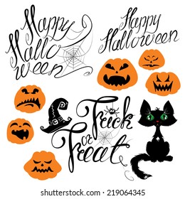 Set of Halloween elements - pumpkin, cat, spider and other terrifying things. Handwritten calligraphic text - Happy Halloween, Trick or Treat.