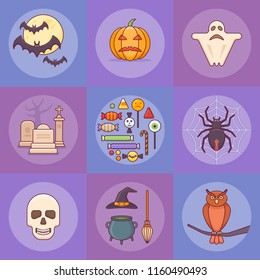 Set of halloween elements. Pumpkin, ghost, bats, skull, spider, owl, candies and other. Flat style icons.