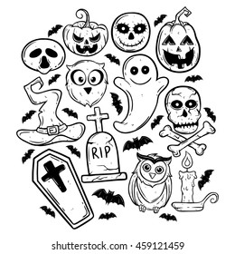 Set of halloween elements with pumpkin, owl, candle, ghost, coffin and witch hat