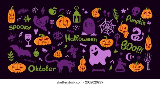 Set of Halloween elements, pumpkin and silhouette collection, funny illustration isolated on dark background. Perfect for holiday decoration Happy Halloween, stickers, flyers. Vector
