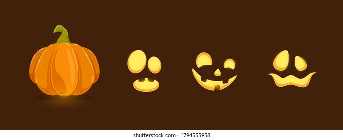 Set of Halloween elements. Set of pumpkin smiles on black background. Scary illustration can be used for holiday cards, children's clothing or things design, invitations and banners.