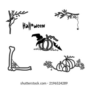 Set of Halloween elements with a pumpkin,web and spider, ghosts and a bat. Awesome design. Vector cillection for the design of monograms, invitations, frames