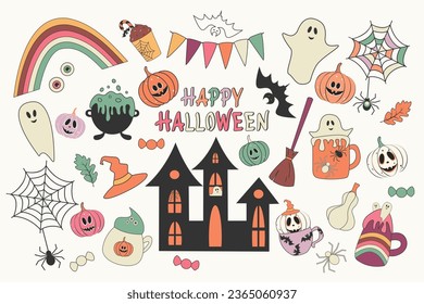 Set of Halloween elements. Retro pumpkins, Halloween castle, drinks, ghost. Vector illustration.