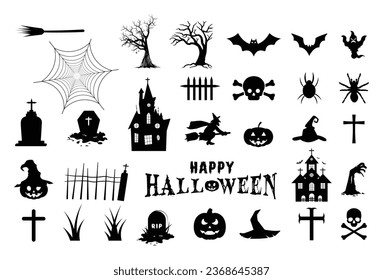Set of Halloween elements- scary pumpkin, tree, bat, ghost, spider web, witch, gravestone, grave, grass, hand, skeleton head, fence, horror house, broom etc. Halloween elements for posters.