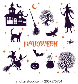 Set of halloween elements, silhouette vector illustration for design, greeting card, invitation, banner.