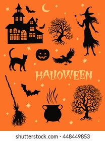 Set of halloween elements, silhouette vector illustration for design,greeting card, invitation, banner.