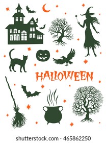 Set of halloween elements, silhouette vector illustration for design, greeting card, invitation, banner.